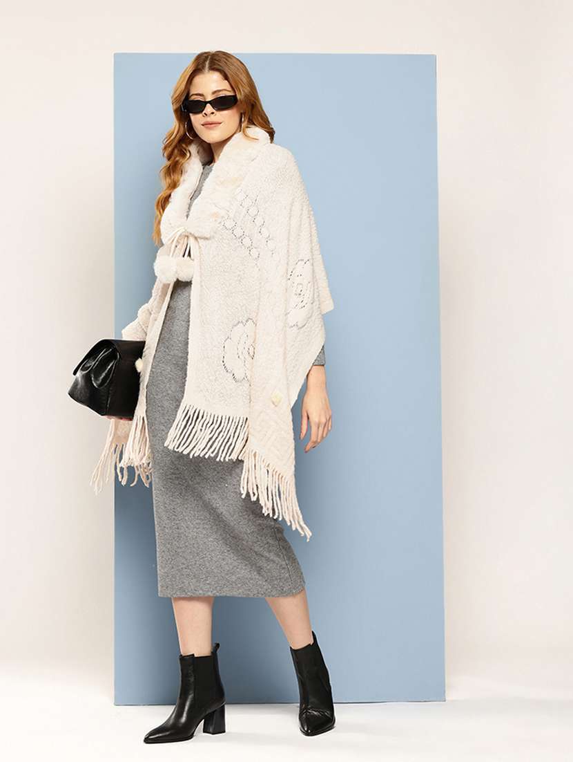 women self designed beige wool poncho - 22033764 - Zoom Image - 0