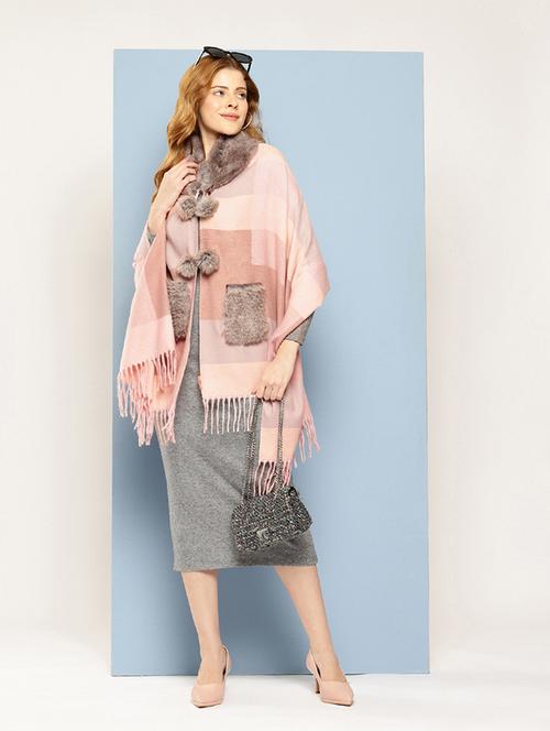 women self designed peach wool poncho - 22033765 -  Standard Image - 0