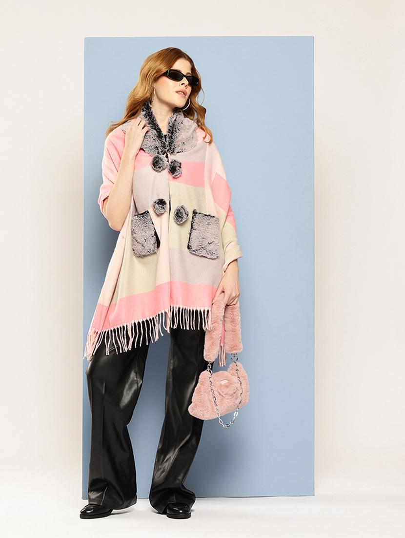 women self designed pink wool poncho - 22033766 - Standard Image - 3
