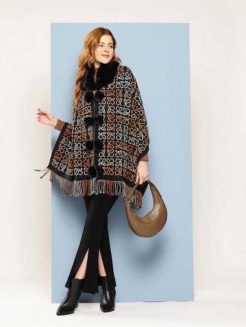 women self designed black wool poncho - 22033767 -  Standard Image - 0