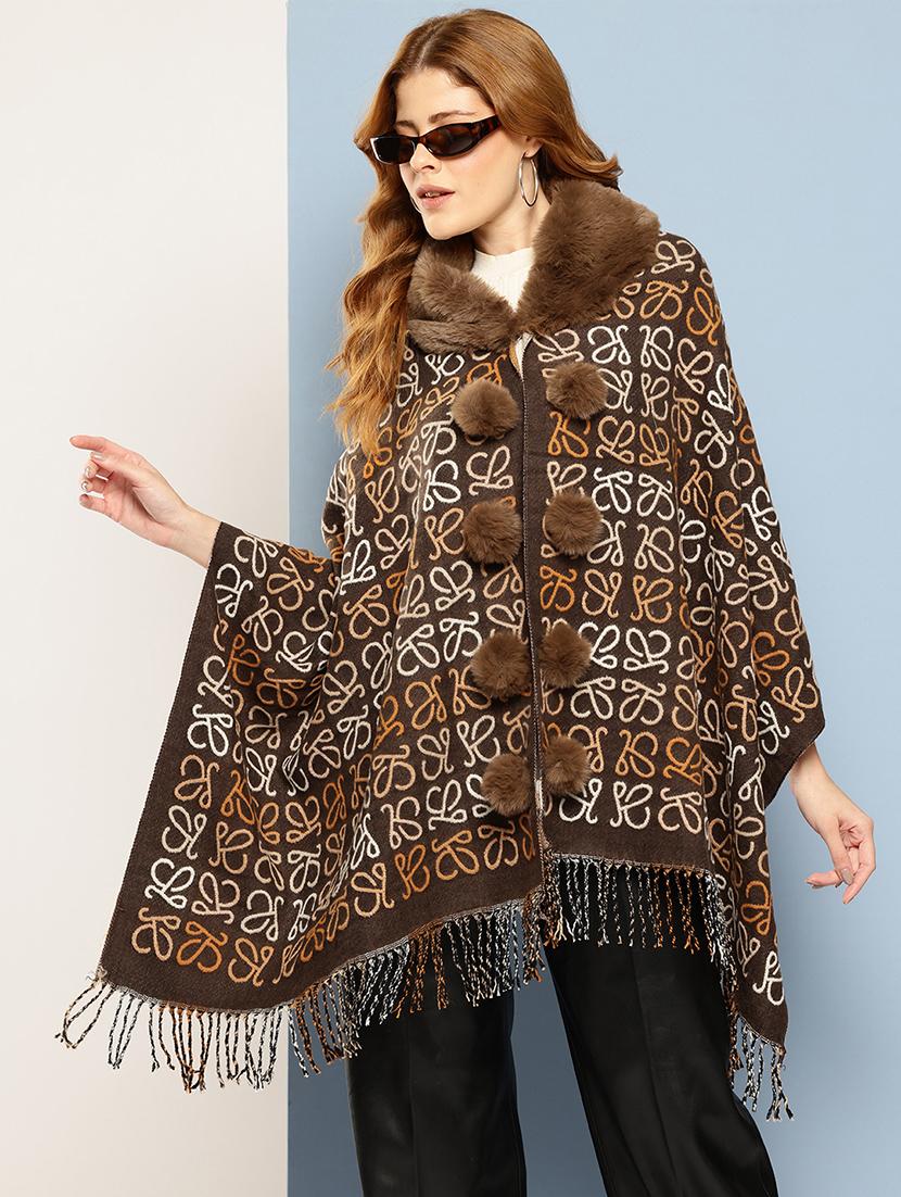 women self designed brown wool poncho - 22033768 -  Zoom Image - 0