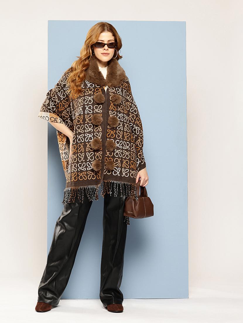 women self designed brown wool poncho - 22033768 - Standard Image - 3