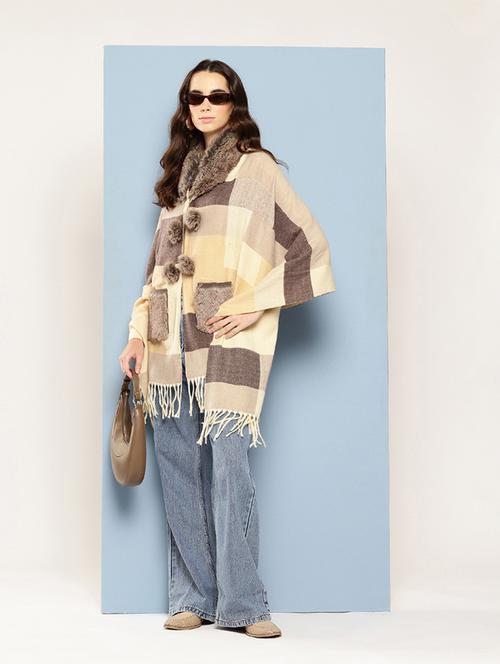 women self designed beige wool poncho - 22033769 - Standard Image - 0