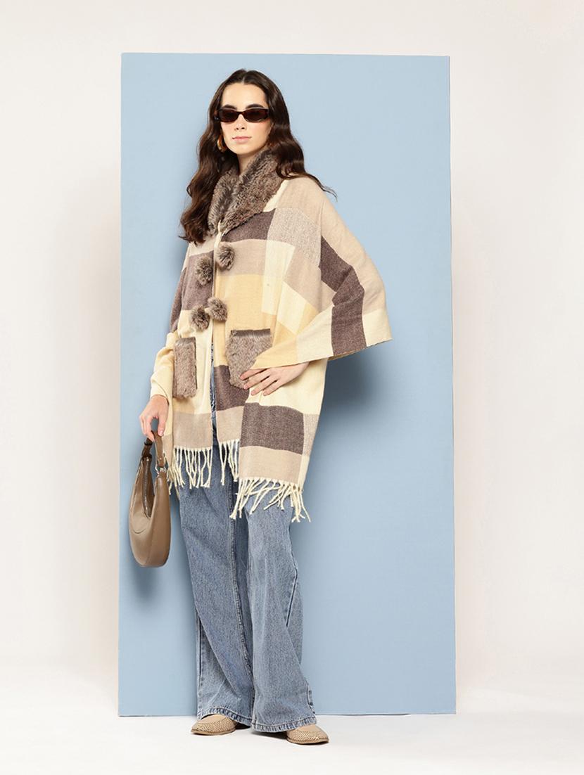women self designed beige wool poncho - 22033769 - Zoom Image - 0