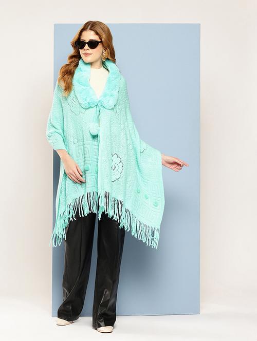 women self designed turquoise wool poncho - 22033770 - Standard Image - 0