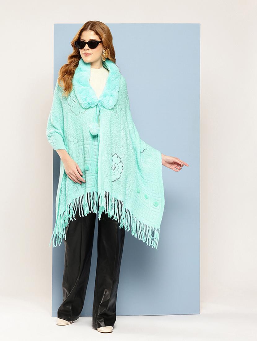 women self designed turquoise wool poncho