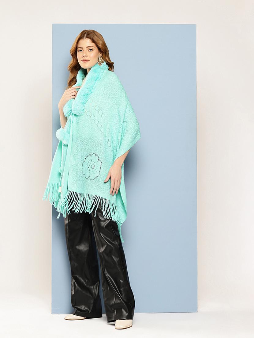 women self designed turquoise wool poncho - 22033770 - Standard Image - 3