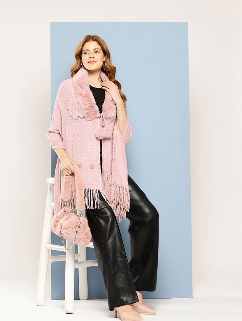 women self designed pink wool poncho - 22033771 - Standard Image - 3
