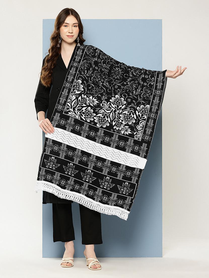 women black self designed wool stole - 22033772 -  Zoom Image - 0