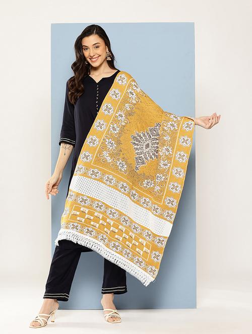 women self designed mustard wool stole - 22033773 -  Standard Image - 0