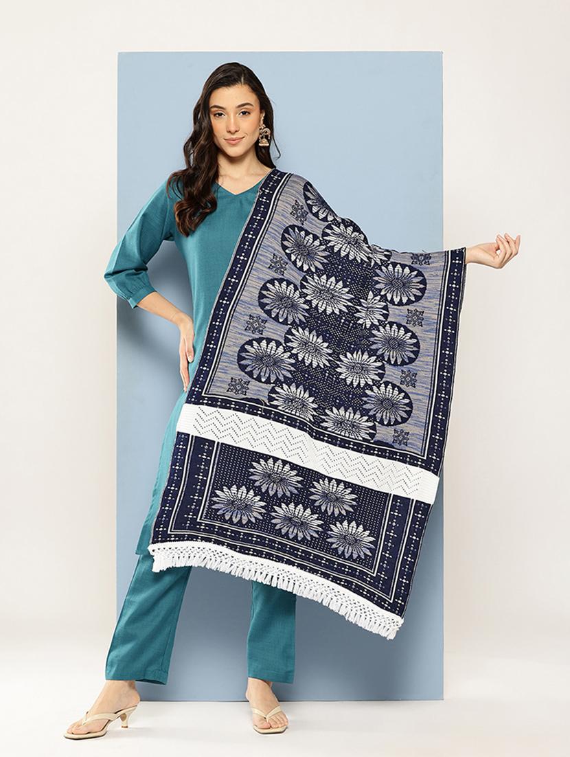 women self designed navy blue wool stole - 22033774 -  Zoom Image - 0