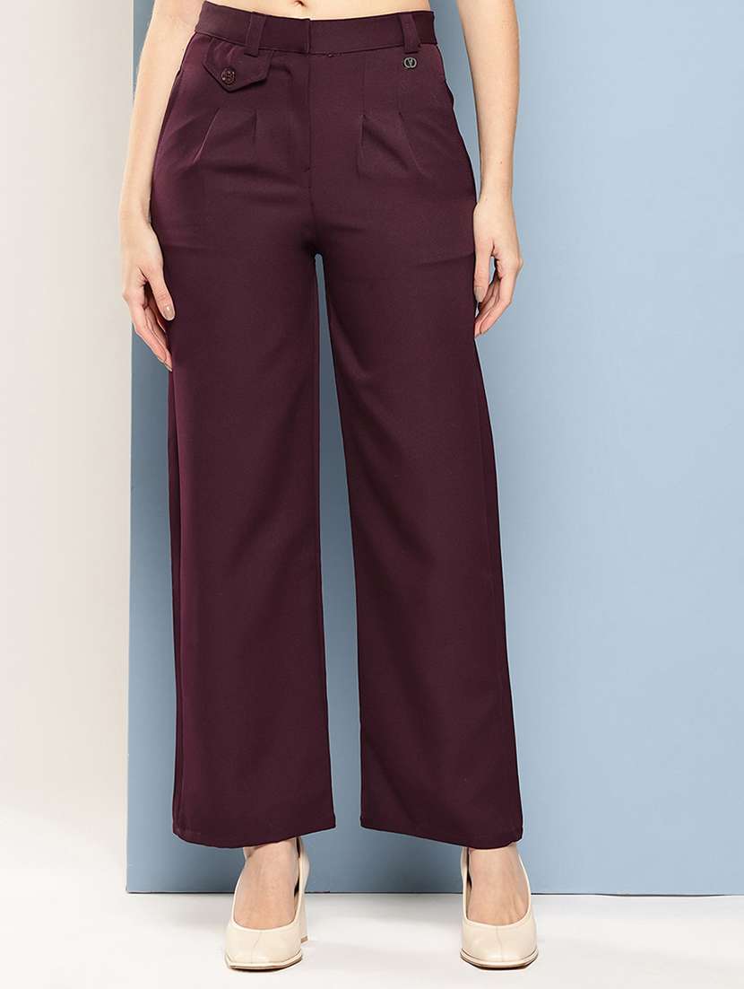 girls solid high rise straight trouser