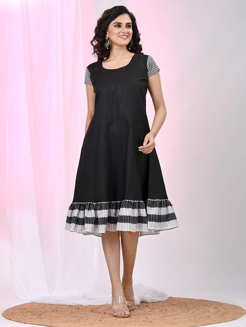 women solid cap sleeve tiered ethnic dress