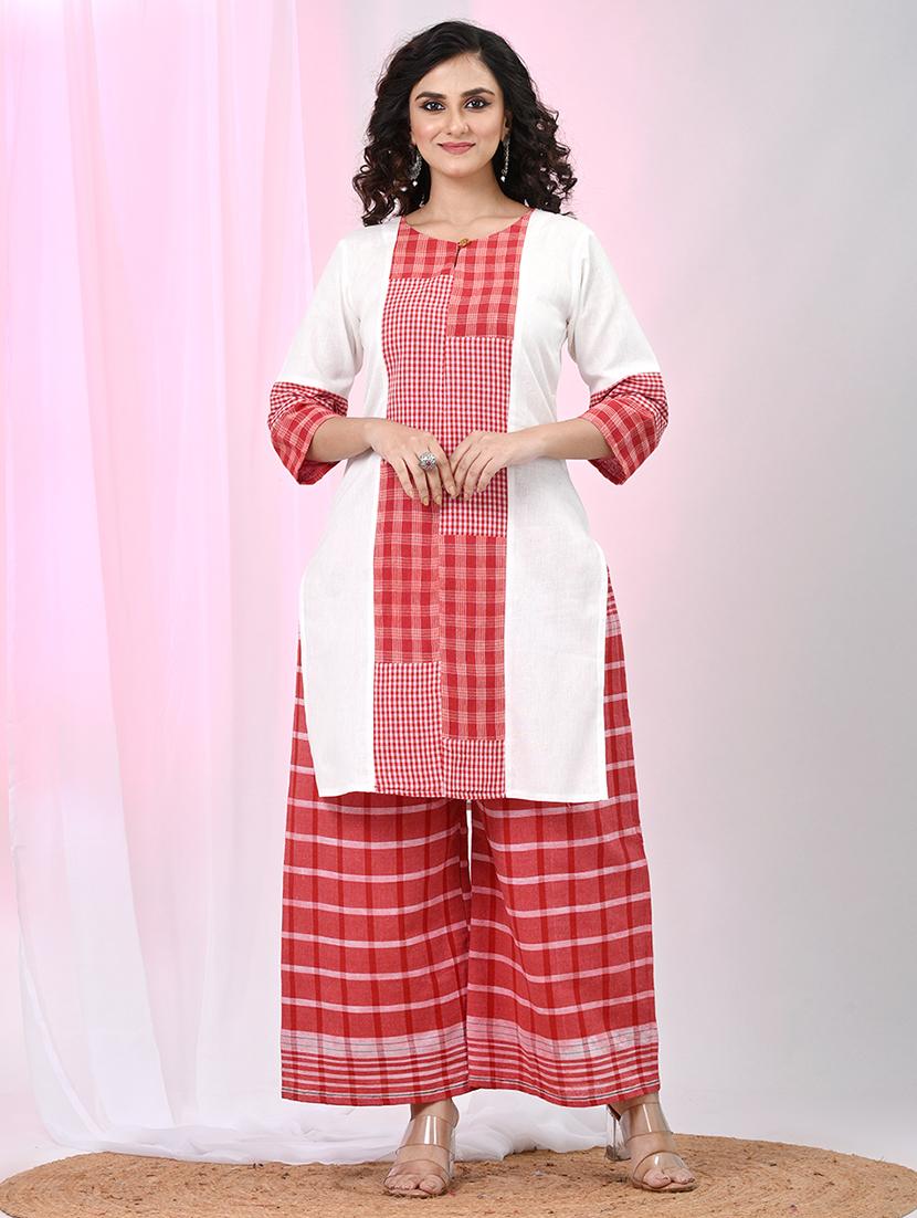 women checkered three quarter sleeve kurta palazzo set - 22033976 - Zoom Image - 0