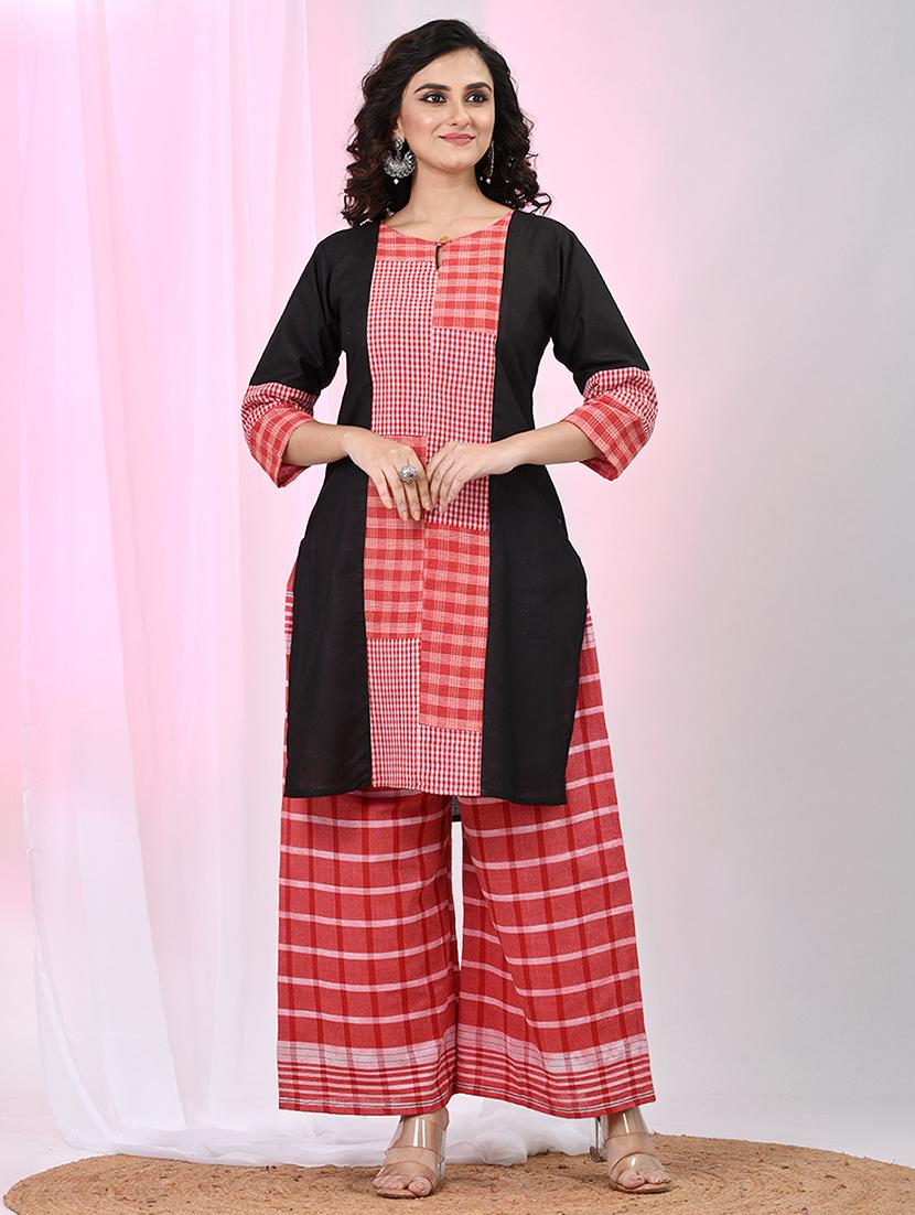 women checkered three quarter sleeve kurta palazzo set