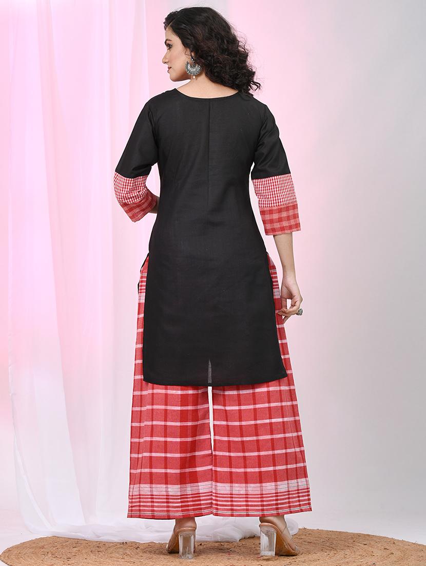 women checkered three quarter sleeve kurta palazzo set - 22033977 - Standard Image - 3