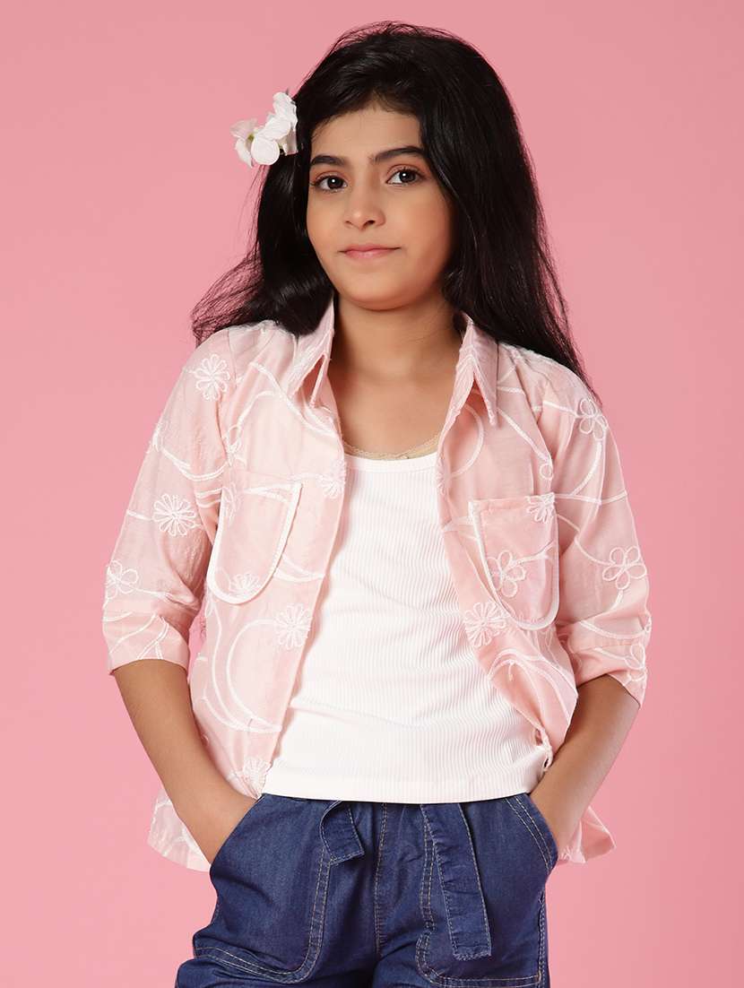 girls pink embroidered collared shirt