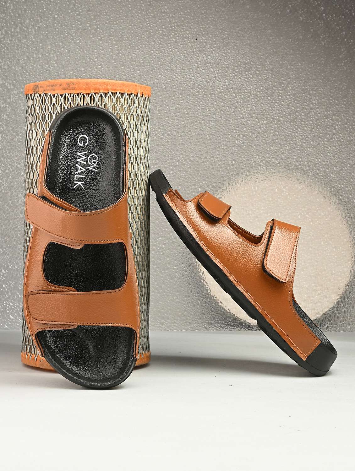 men tan slip on sandal