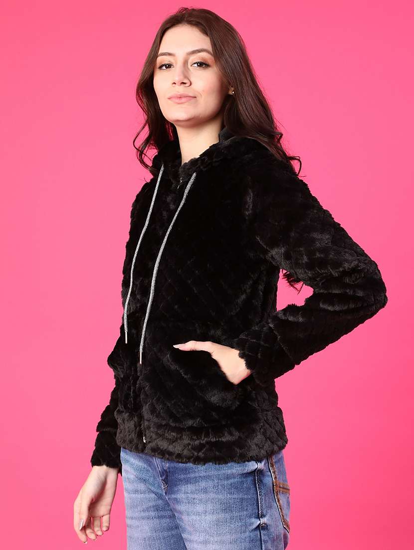 women solid long sleeve hooded sweatshirt - 22034811 -  Standard Image - 3