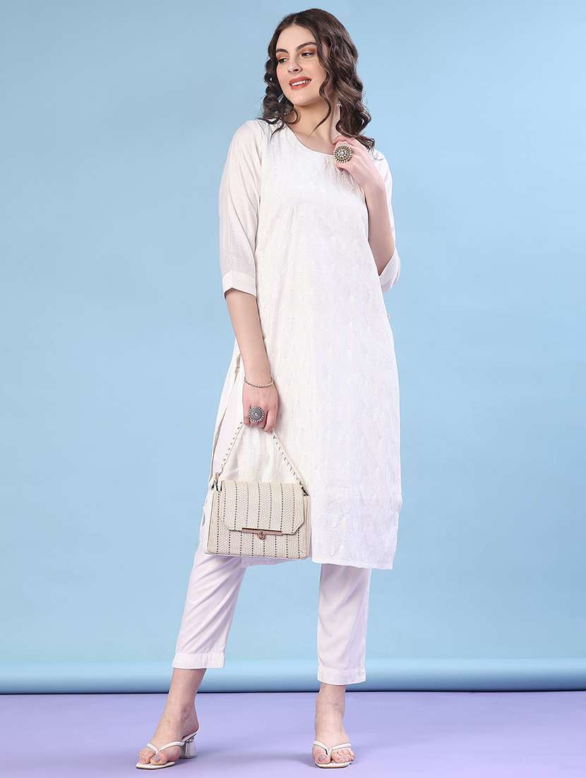 women solid with work three quarter sleeve straight kurta