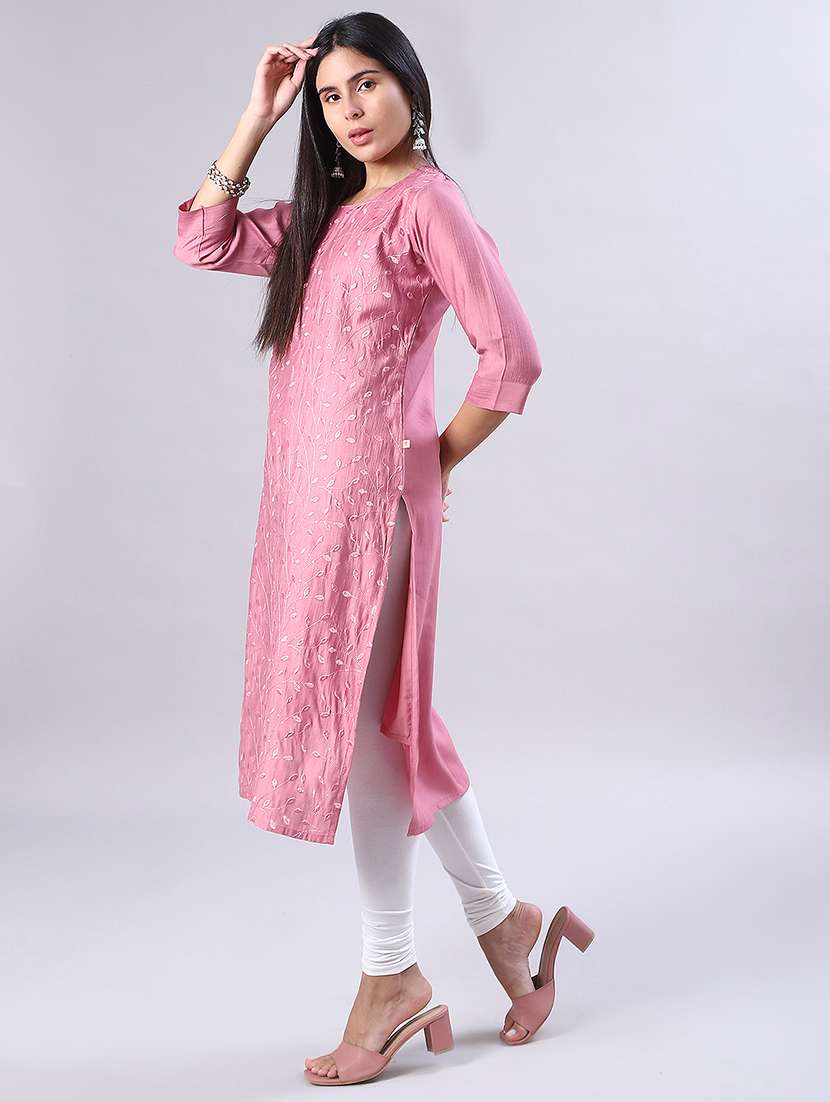 women solid with work three quarter sleeve straight kurta - 22034821 -  Standard Image - 3