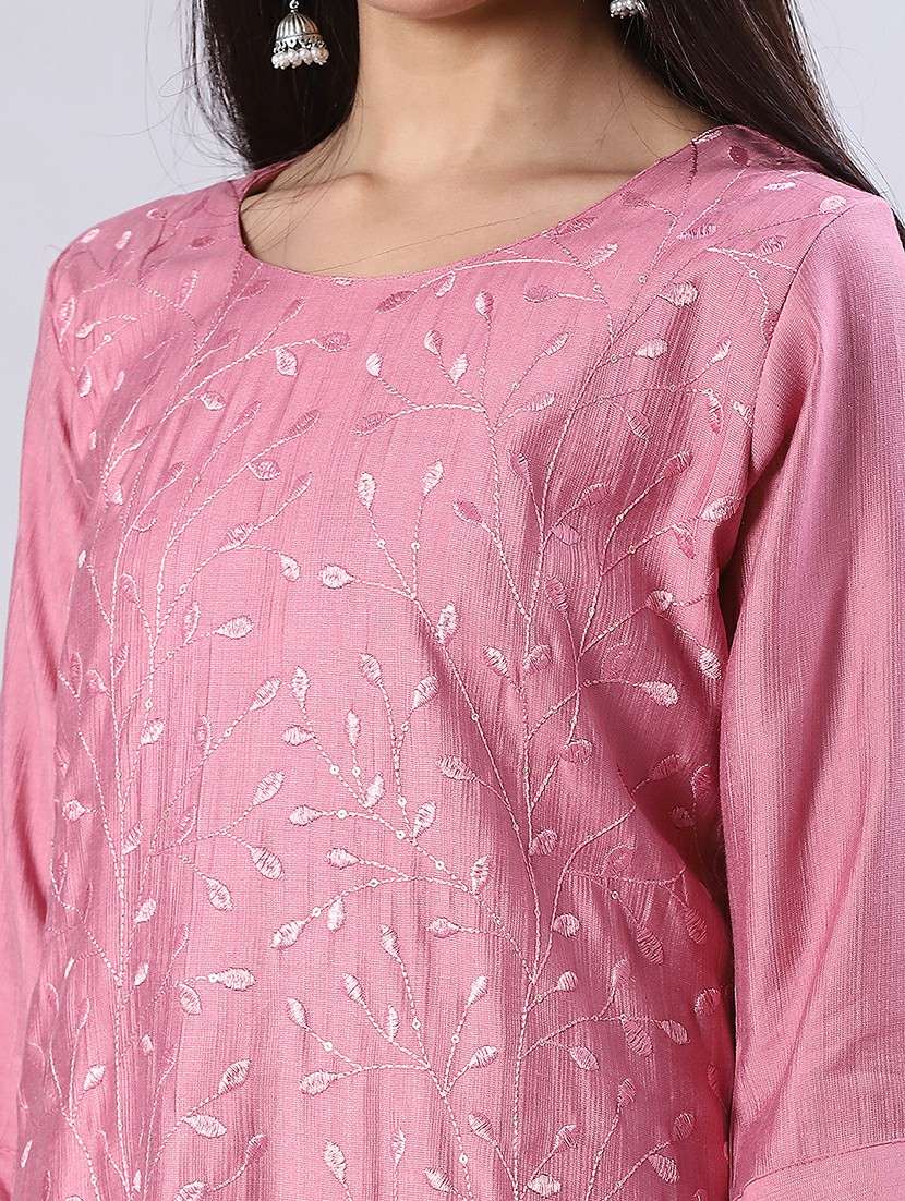 women solid with work three quarter sleeve straight kurta - 22034821 -  Standard Image - 5