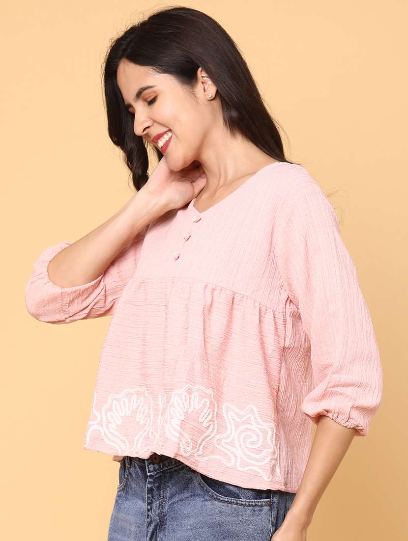 women peach polyester regular t-shirt