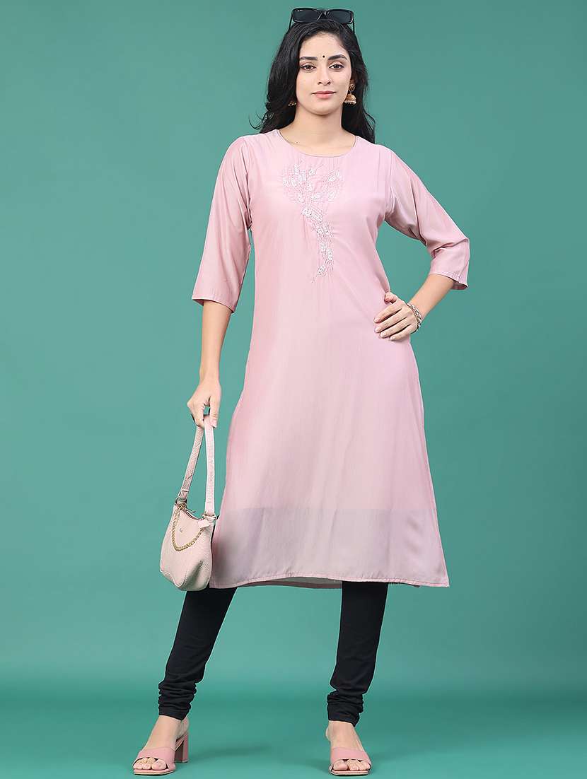 women solid with work round neck kurta legging set