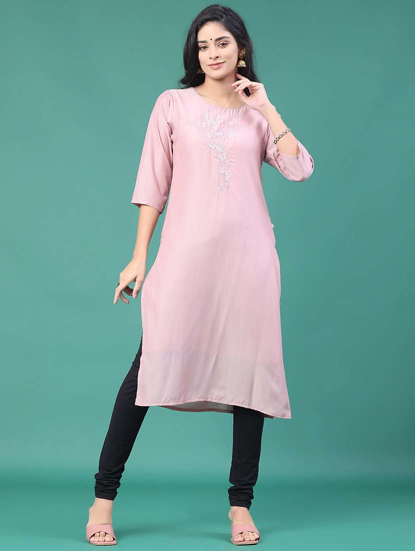 women solid with work round neck kurta legging set - 22035074 -  Standard Image - 3