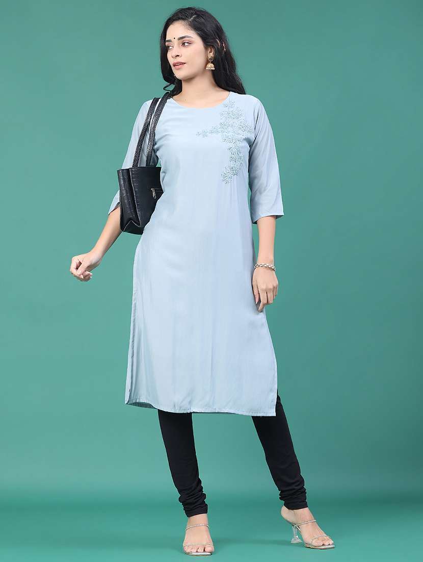 women solid with work round neck kurta legging set