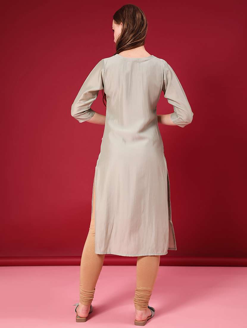 women solid with work three quarter sleeve straight kurta - 22035076 -  Standard Image - 3