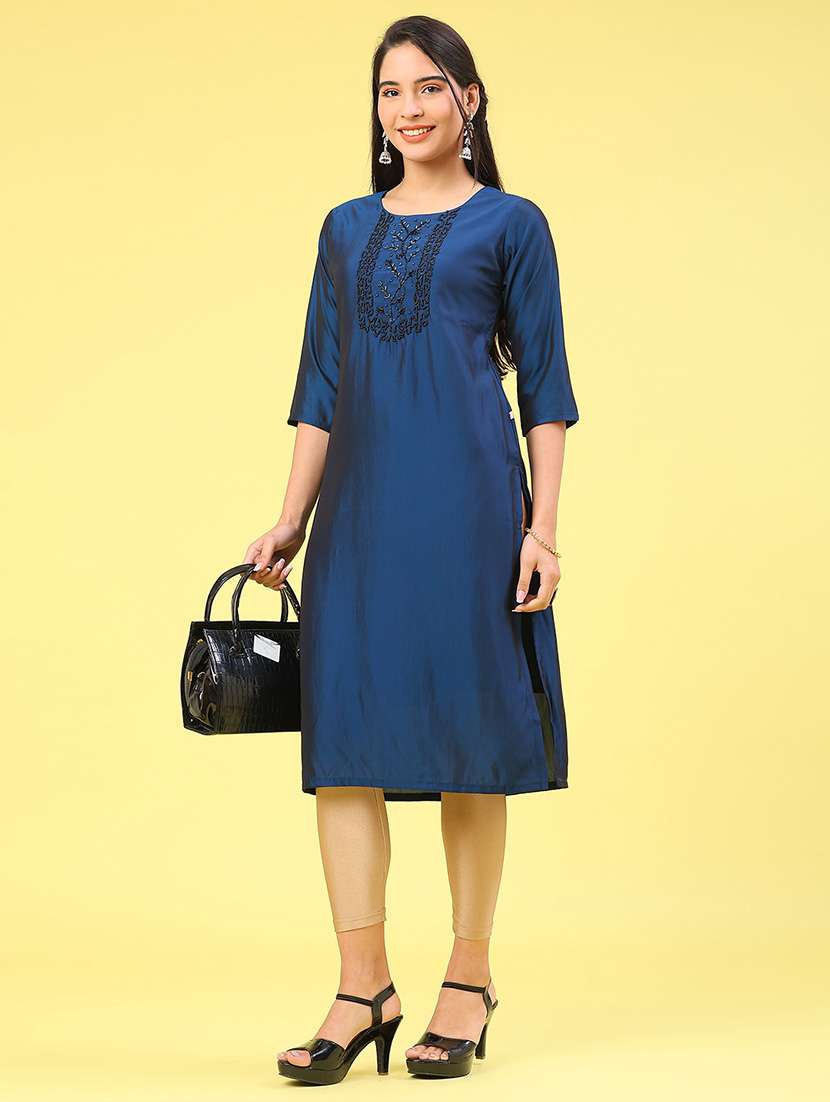 women solid with work three quarter sleeve straight kurta