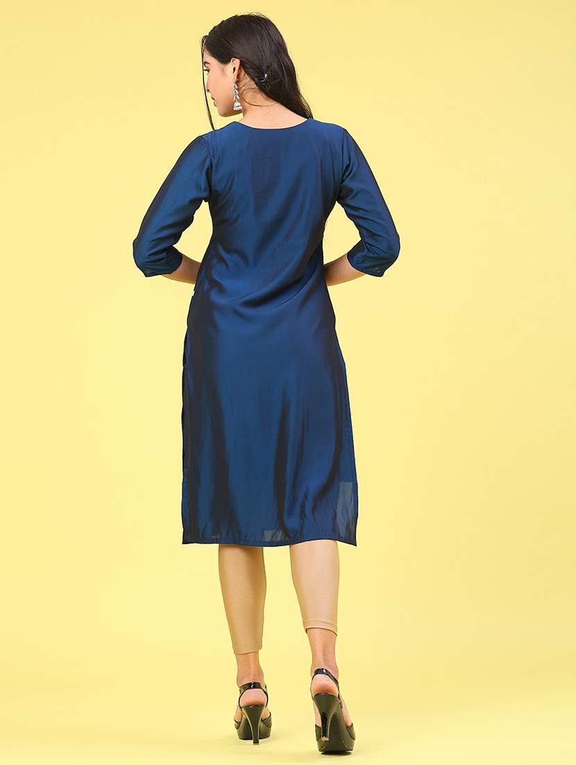 women solid with work three quarter sleeve straight kurta - 22035098 -  Standard Image - 3