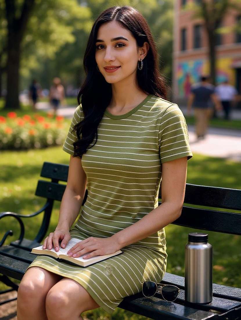 women striped short sleeve  t-shirt dress