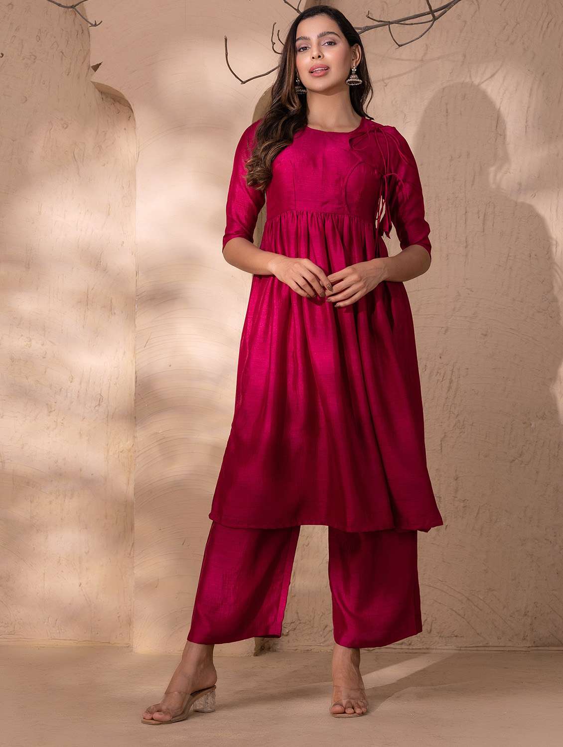 women solid elbow sleeve kurta and palazzo set - 22035110 -  Zoom Image - 0