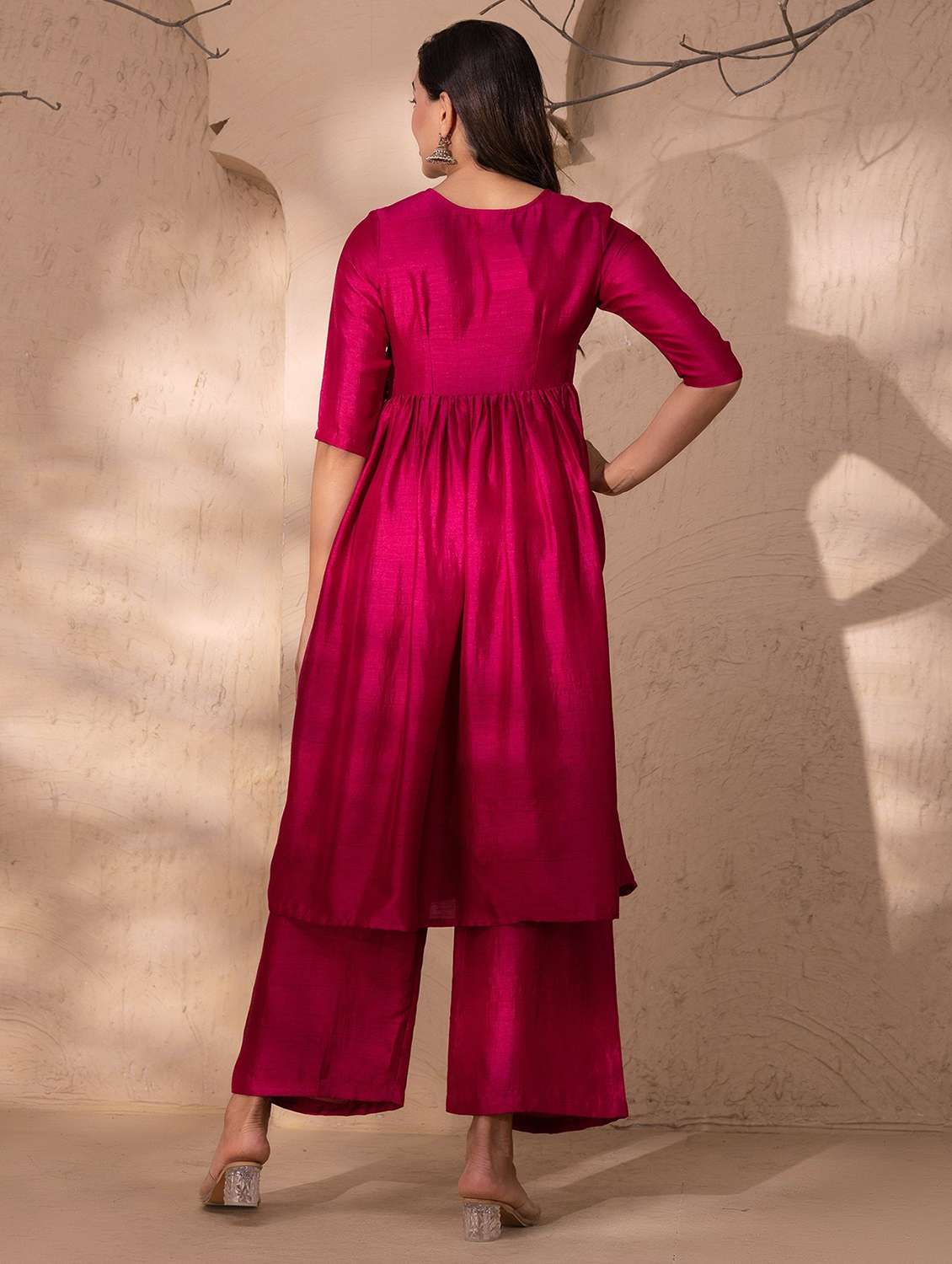 women solid elbow sleeve kurta and palazzo set - 22035110 - Standard Image - 3
