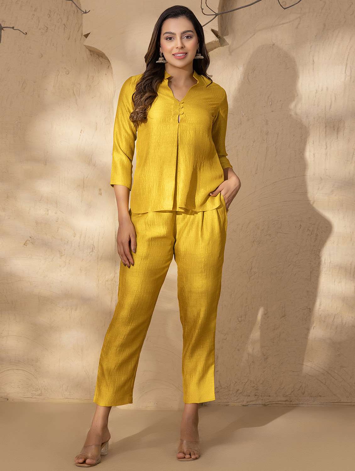 women solid three quarter sleeve ethnic co-ord set