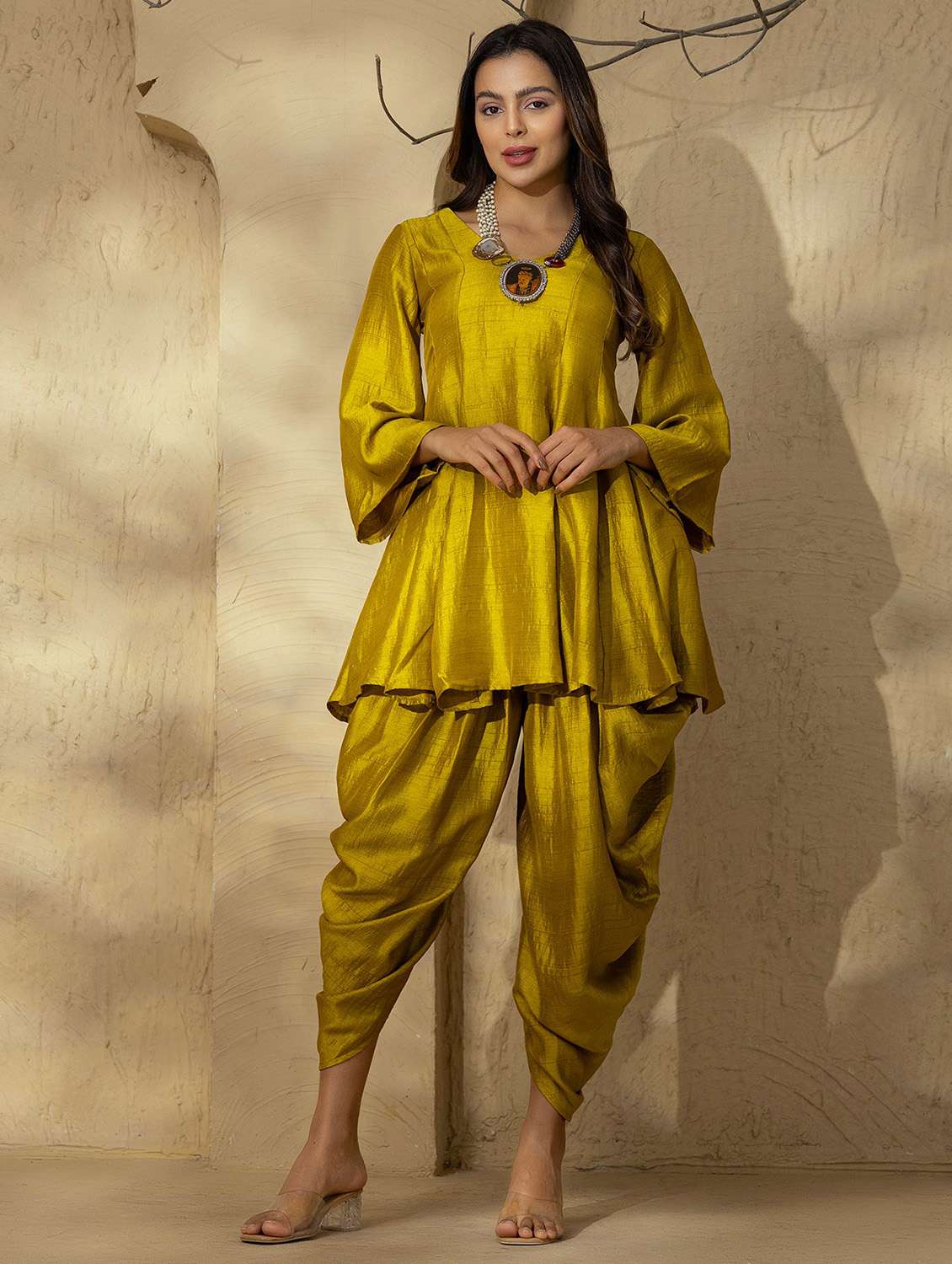 women solid bell sleeve dhoti and kurta set - 22035125 - Zoom Image - 0
