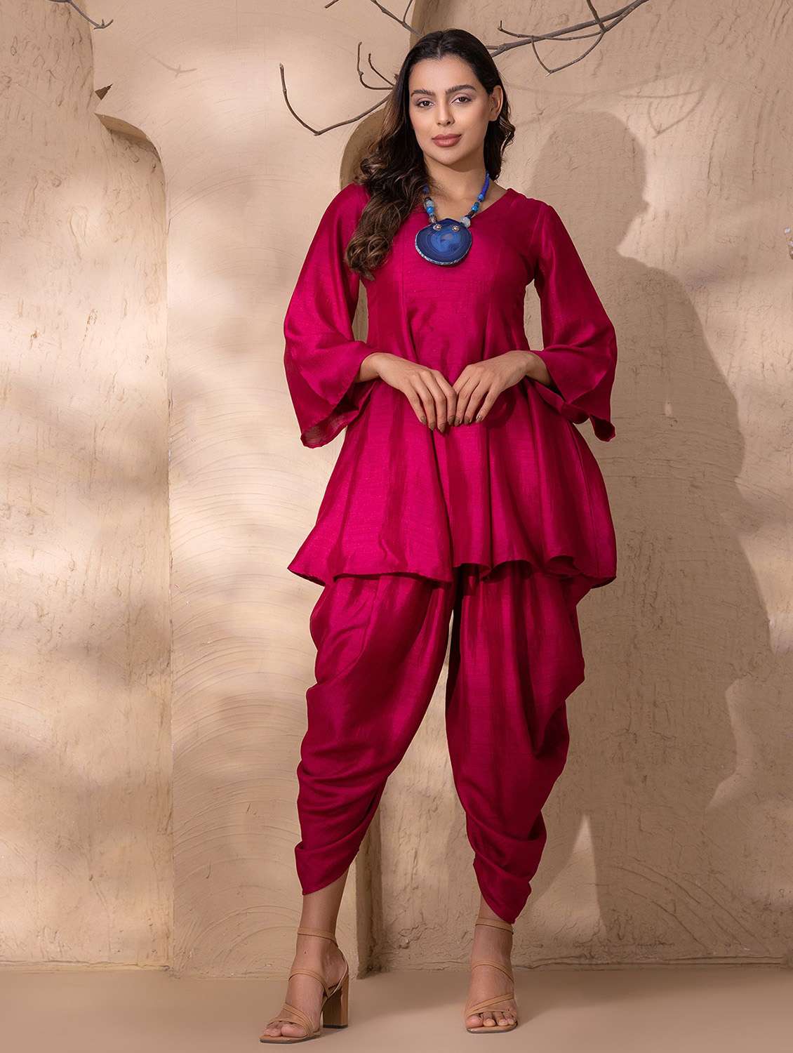 women solid bell sleeve dhoti and kurta set