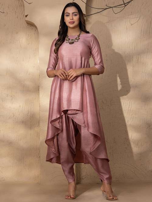 women solid dhoti and high-low kurta set - 22035132 - Standard Image - 0