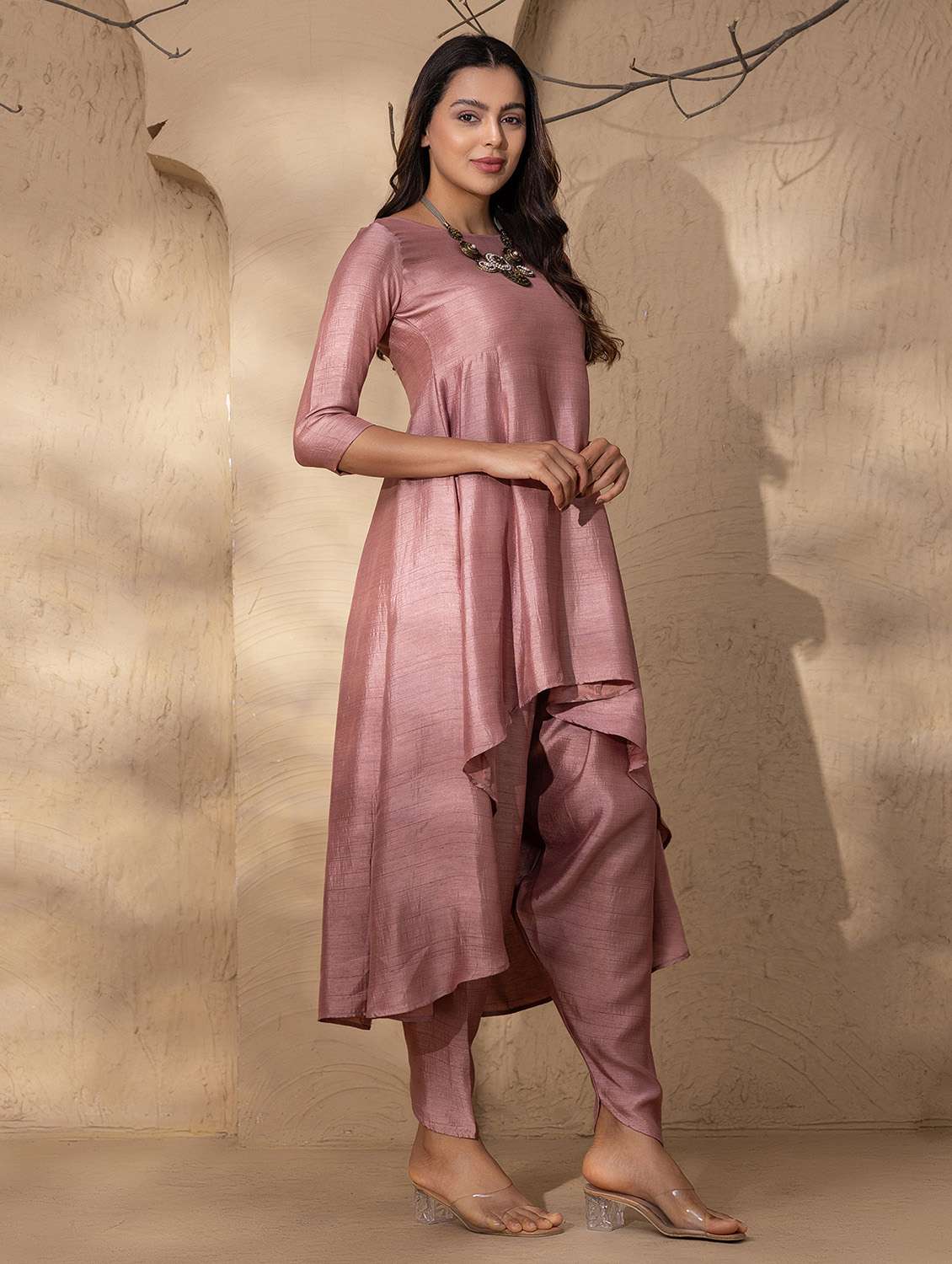 Women Solid Dhoti And High Low Kurta Set