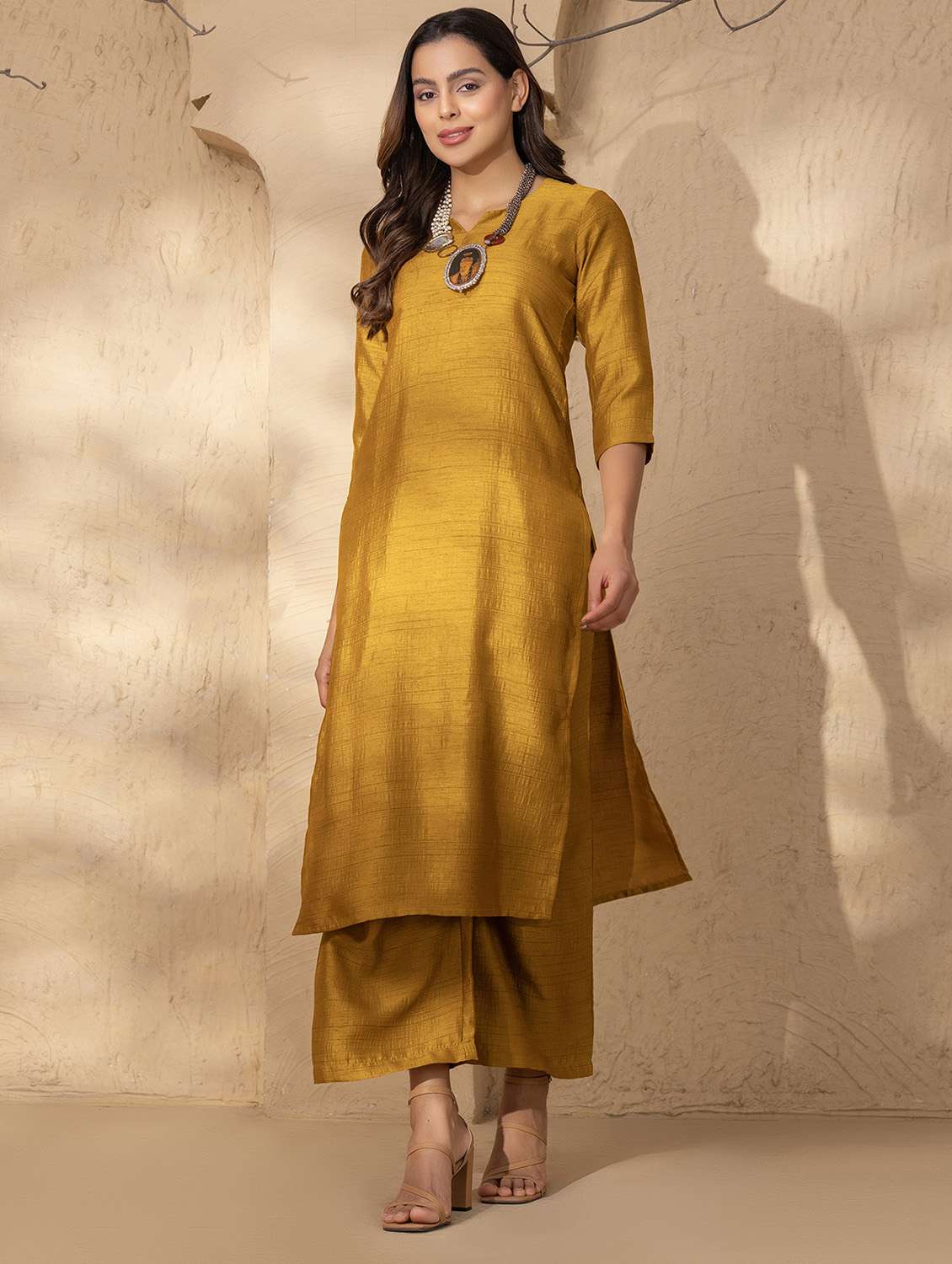 women three quarter sleeve kurta and palazzo co-ord set