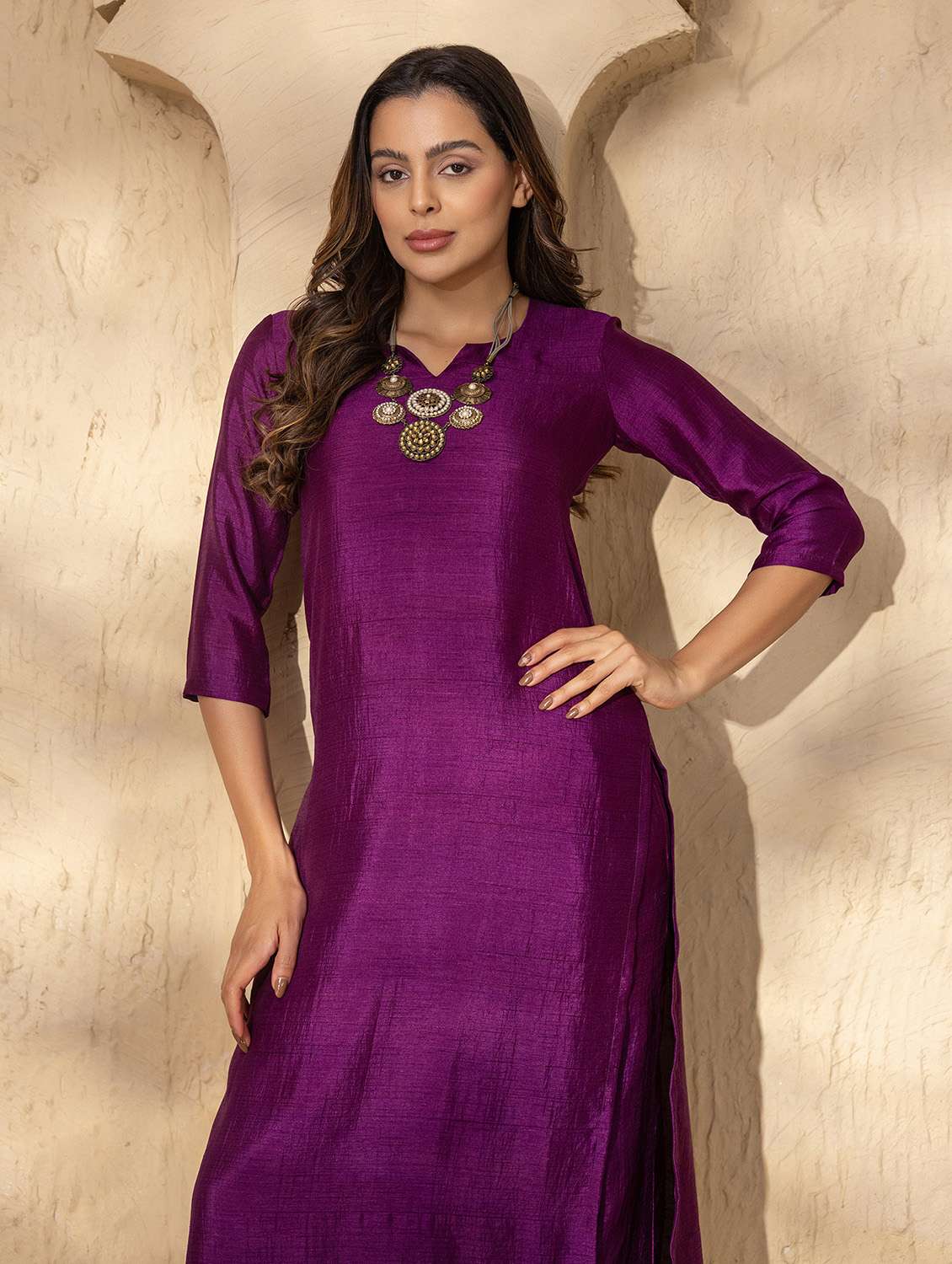 women three quarter sleeve kurta and palazzo co-ord set - 22035138 -  Standard Image - 3