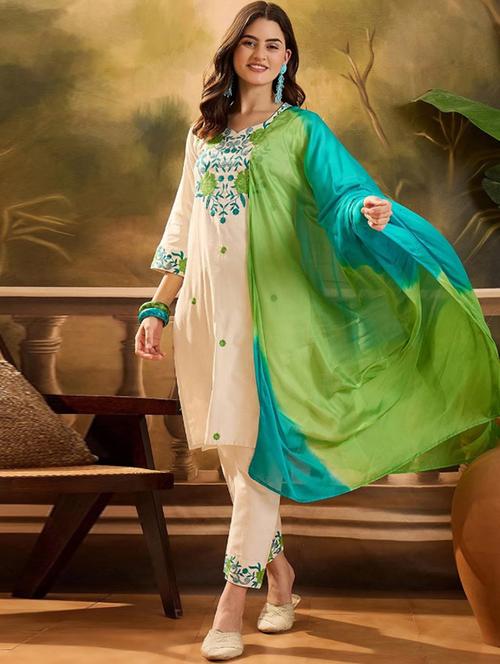 women embroidered three quarter sleeve kurta pant with dupatta set - 22035142 -  Standard Image - 0