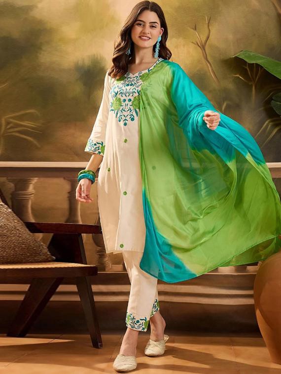 women embroidered three quarter sleeve kurta pant with dupatta set - 22035142 -  Zoom Image - 0