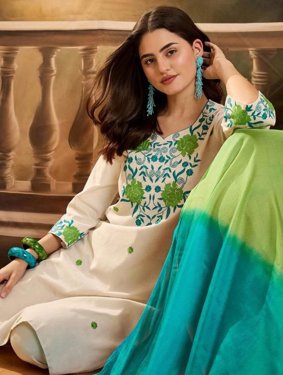 women embroidered three quarter sleeve kurta pant with dupatta set - 22035142 - Standard Image - 3