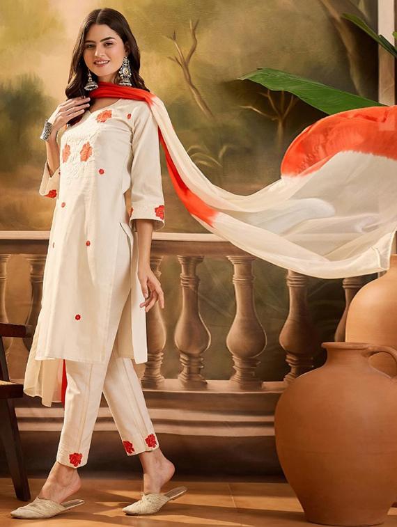 women embroidered three quarter sleeve kurta pant with dupatta set - 22035143 - Standard Image - 3