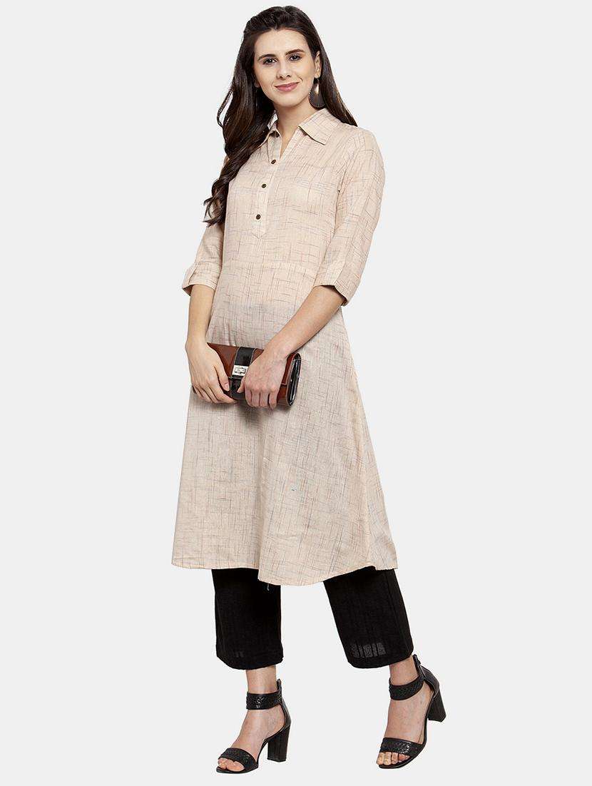 women self design roll up sleeve a-line kurta
