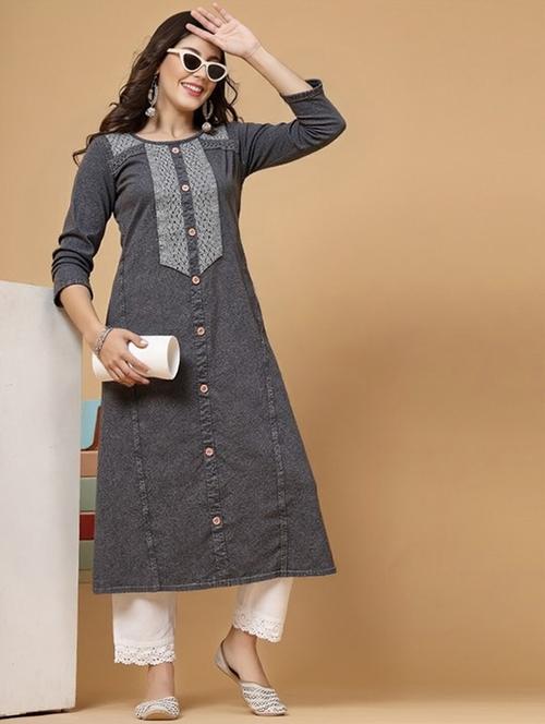 women solid three quarter sleeve straight kurta - 22035228 -  Standard Image - 0