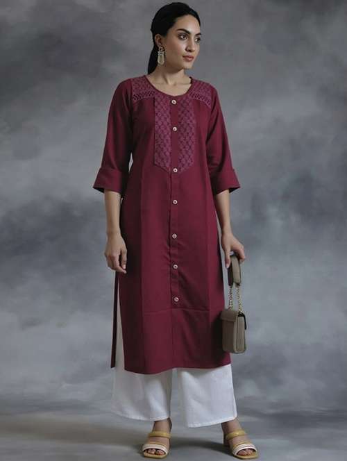 women solid three quarter sleeve straight kurta - 22035230 -  Standard Image - 0